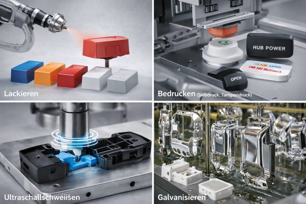 Beispiele Oberflächenbearbeitung: Lackieren, bedrucken, ultraschweißen, galvanisieren, weitere Verfahren