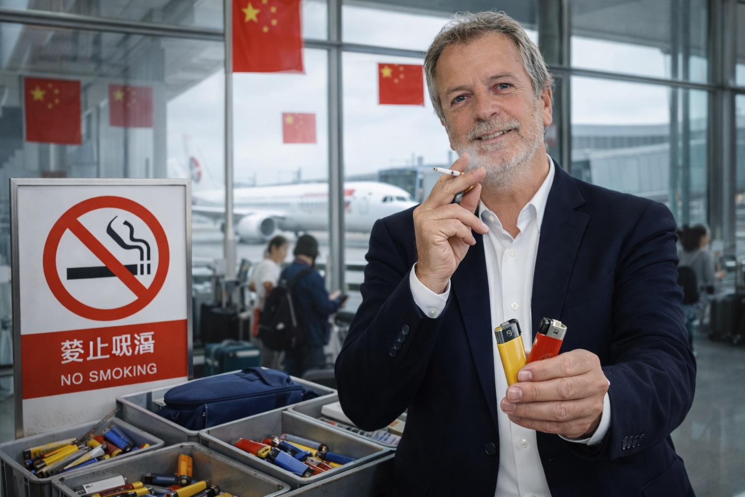 Heiko Gutsche rauchend am Flughafen: Achtung Feuerzeuge!