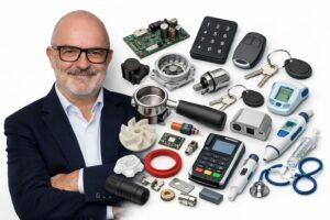 Jörg Gutsche, Geschäftsführer TaiGer Deutschland und eine Übersicht unserer Produkte aus dem Bereich Kunststoffspritzguss, Druckguss, Solikon und Elektronik